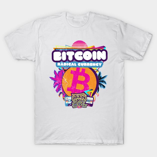 Bitcoin Crypto Radical Currency Not Bogus 80s Purple Funny T-Shirt by MapYourWorld